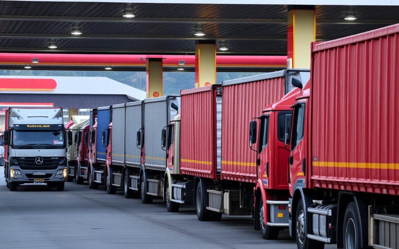Fleet of trucks at an AsianFuel station